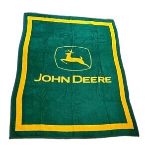 Vtg Biederlack John Deere Plush Blanket Throw Green Yellow USA 80"x60"